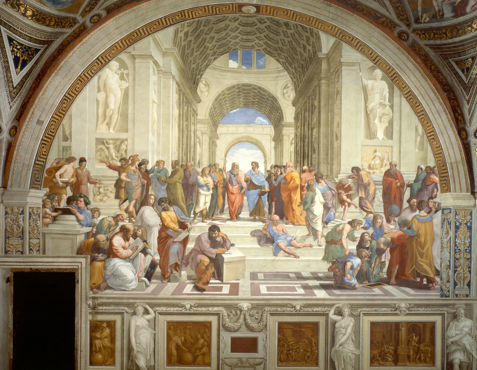 Raphael's fresco The School of Athens: dozens of Greek philosophers gathered in conversation on the marble steps of a grand arched hall, Plato and Aristotle walking side by side at the center.