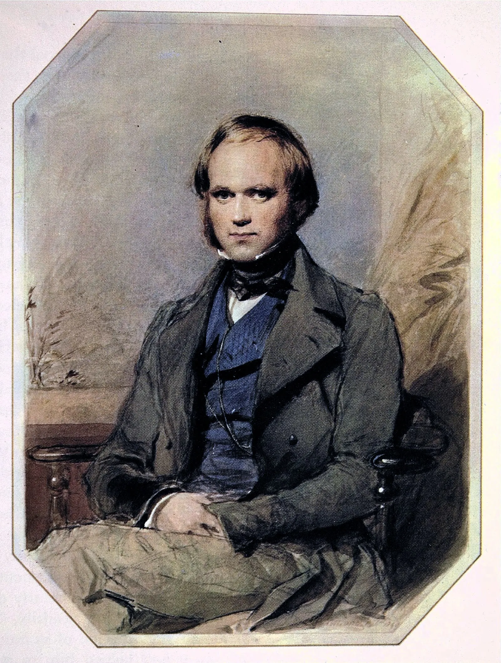 Watercolor portrait of a young Charles Darwin seated with his hands folded in his lap, wearing a dark coat and blue waistcoat.