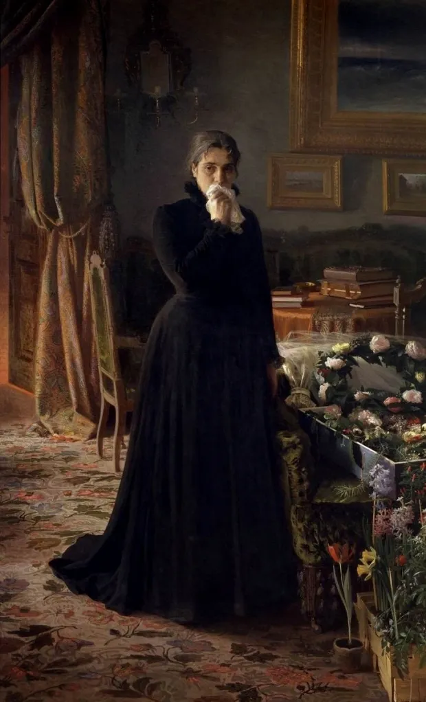Ivan Kramskoi's Inconsolable Grief: a woman in black mourning dress stands beside a bank of funeral flowers, pressing a handkerchief to her mouth.
