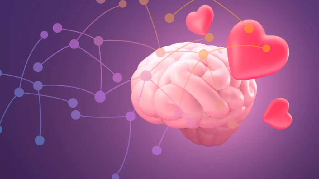 A 3D illustration of a pink brain wrapped in a glowing network of connected nodes, with glossy red hearts floating around it on a purple background.