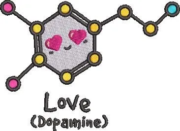 An embroidered patch of a dopamine molecule with tiny heart-eyed faces on its ring, labeled 'Love (Dopamine)'.