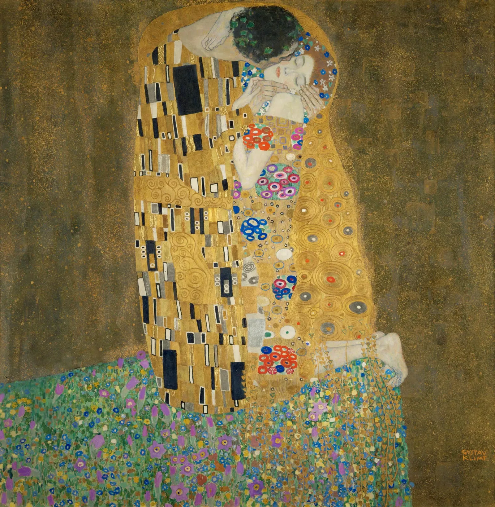 Gustav Klimt's The Kiss: a couple wrapped in gold-patterned robes kneeling in a meadow of flowers, the man bending to kiss the woman's cheek as she closes her eyes.