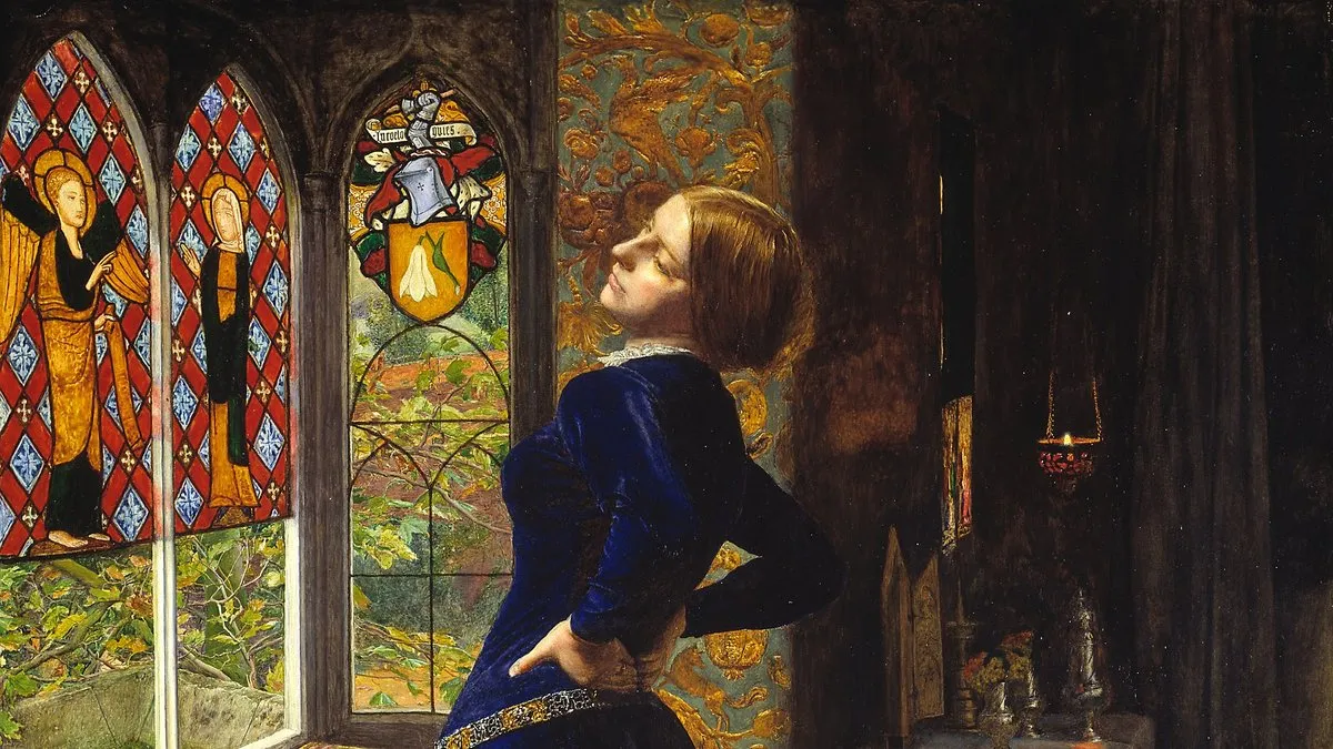 John Everett Millais's Mariana: a woman in a deep blue velvet dress stands at her embroidery table stretching her back, her face turned up toward a stained-glass window.