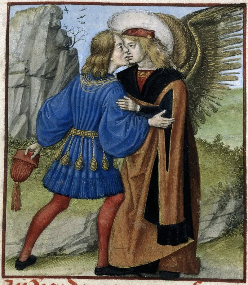 A medieval illuminated manuscript miniature: a young man in a blue tunic embraces and kisses a winged allegorical figure in a rocky green landscape.