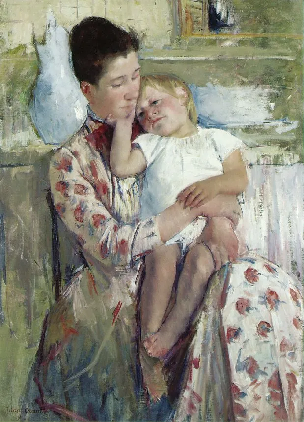 Mary Cassatt's Mother and Child: an impressionist painting of a mother resting her cheek against her drowsy child's head, the child curled barefoot in her lap.