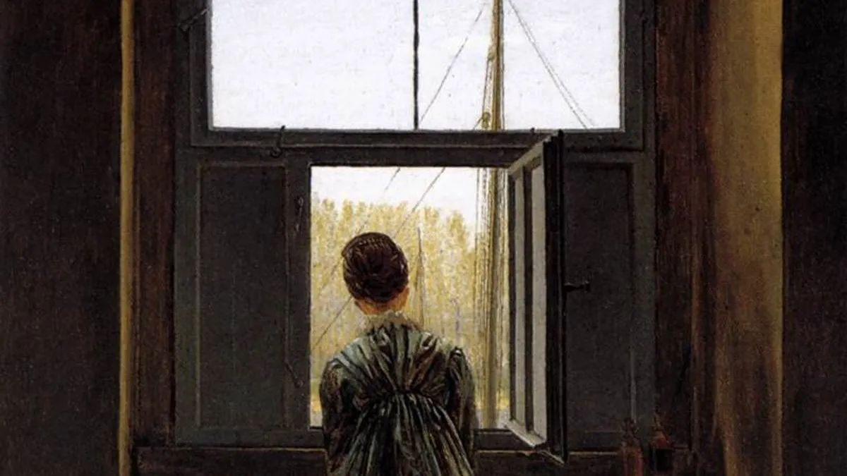 Caspar David Friedrich's Woman at a Window: a woman in a green dress, seen from behind, looks out through an open window toward ship masts and pale sky.