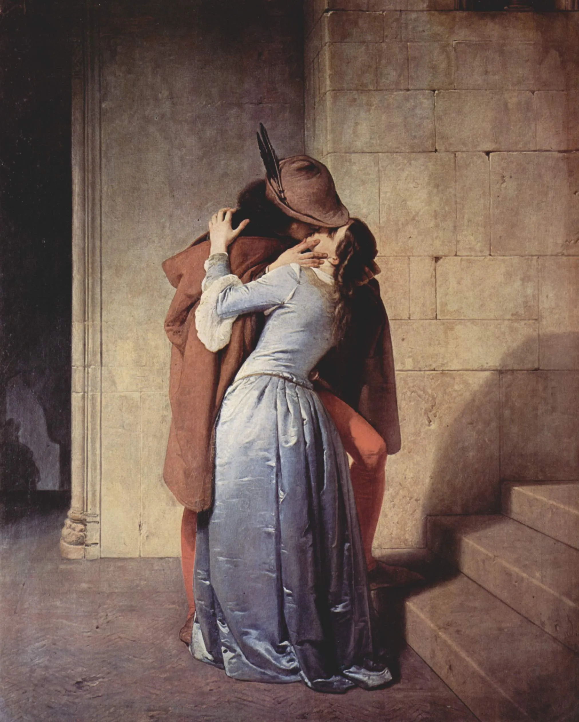 Francesco Hayez's The Kiss: a man in a plumed hat and traveling cloak bends a woman in a pale blue satin gown into a kiss on the steps of a stone stairwell.